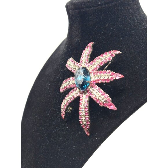 Large 1930s Art Deco Czech Pink Rhinestone Brooch w/ Blue Crystal Center 3" - Picture 4 of 4